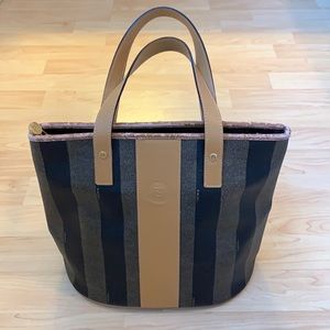 Rare Vintage Fendi Pequin Striped Handbag Brown Leather Zipped Shopping Tote